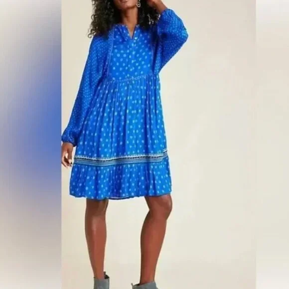 Anthropologie Bl^nk Coterie Embroidered Blue Polka Dot Tunic Dress Size L - Picture 8 of 10
